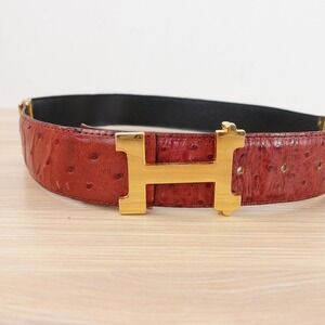 Ostrich Belt Real Leather H Gold Buckle Stud Logo Red Bordeaux FRANCE 28 70 RARE